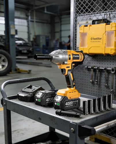 1/2" Cordless Impact Wrench, 1400N·m(1032ft・lbs) Brushless High Torque Impact Gun, Electric Impact Driver, 2x4.0Ah Batteries, LED Light, Charger, 6 Sockets, 3 Variable Speeds for Car/ Pickup/Mower - style: 2x4.0Ah Battery