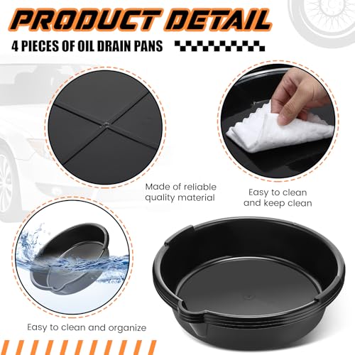 Gisafai 4 Pcs 2 Gallon/ 8 L Round Oil Drain Pan Motor Oil Drip Catcher Pan Reusable Plastic Oil Catch Pan for Wheels Truck and Trailer Wheel, Black