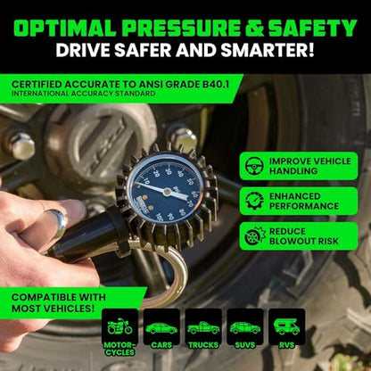 Rhino USA Tire Pressure Gauge with Inflator (0-100 PSI) - Braided Hose | Heavy Duty Air Chuck & Compressor Accessories. Stainless Braided Hose, Large Analog Dial, Solid Brass Hardware. - style: 100psi Analog
