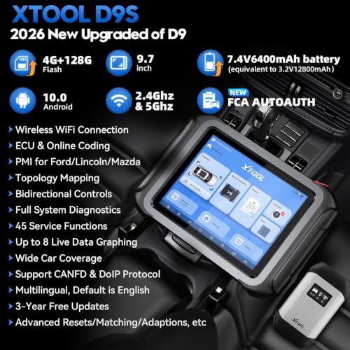 XTOOL D9S 2.0 ECU Coding Bidirectional Scan Tool, AI-Assisted OE Level Automotive Scanner, Topology Map, PMI, 45+ Resets, FCA/CAN FD/DoIP, Professional Full System Diagnostic Scanner, 3 Years Update