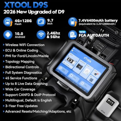 XTOOL D9S 2.0 ECU Coding Bidirectional Scan Tool, AI-Assisted OE Level Automotive Scanner, Topology Map, PMI, 45+ Resets, FCA/CAN FD/DoIP, Professional Full System Diagnostic Scanner, 3 Years Update