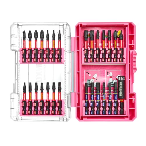 Geinxurn 28Pieces Impact Screwdriver Bits Set, Magnetic S2 Steel Phillips/Slotted/Square/Torx Insert Power Bits Tips, Impact Bit Holder with Pink Storage Box Case - style: STKB028-PK