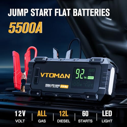 VTOMAN V10 Max Portable Jump Starter with 100W Bi-Directional Fast Charger | Car Battery Jumper Starter Portable (All Gas&12L Diesel), 12V Auto Jump Box Booster Pack, 3.2" Display, Pickup Trucks & Suvs - color: black