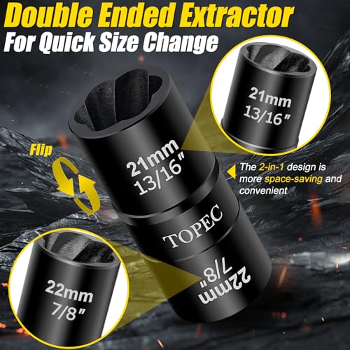 Topec 26mm x 27mm Flip Lug Nut Extractor, 1/2" Drive Lug Nut Removal Tool, 2-IN-1 Wheel Lock Remover Socket - size: 26 x 27mm