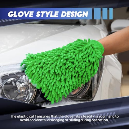 wuyaoyao 2PCS Car Wash Mitt, 10.14"×7.12" Chenille Microfiber Car Wash Mitts, Scratch-Free & Lint-Free, Absorbent Double Sided Clean Glove for Cars Cleaning, Auto Cleaning Supplies (Green) - color: Green