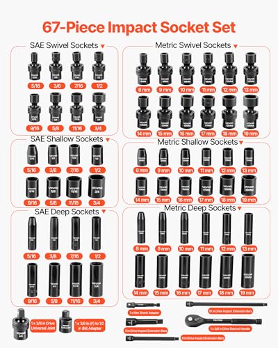 VEVOR Impact Socket Set 3/8" Drive, 67 PCS, CR-MO Swivel Sockets, SAE 5/16"-3/4" & Metric 8-19mm, 6 Point Shallow & Deep, Ratchet Handle, Extension Bars, Adapters, Universal Joint - style: 3/8" 67 PCS Swivel CR-MO