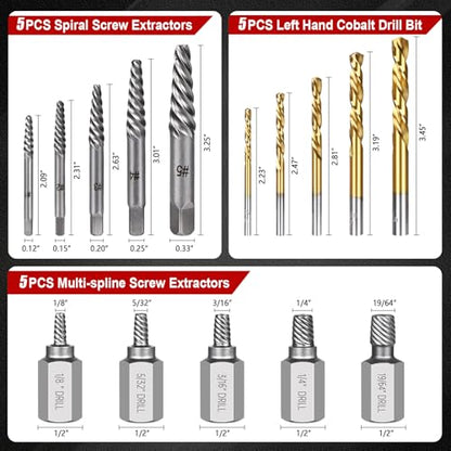 15Pcs Screw Extractor Set, Easy Out Extractor Set, Left Hand Drill Bit Hex Head Extractor, Cobalt HSS Steel Kit for Stripped Screws and Broken Bolts - size: 15PCS new