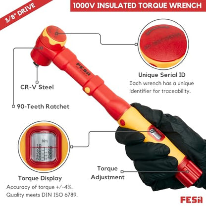 FESA 16-Piece Insulated Torque Wrench Set (3/8" Drive, 10-50 Nm Range) | with 8 Metric Sockets, 4 Hex Bit Sockets, 2 Extension Bars, T-Handle & Protective Case - style: 3/8" Drive, 10-50 Nm Wrench & Socket Set