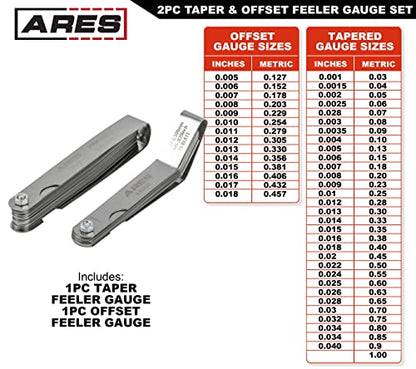 ARES 11042 - Feeler Gauge Set - 32 Tapered & 16 Offset Blades, SAE & Metric Marked | Steel blades, Folds flat for storage, Universal fit for most vehicles, 48 blades total, Limited lifetime warranty - size: 2-Piece Tapered and Offset Feeler Gauge Set