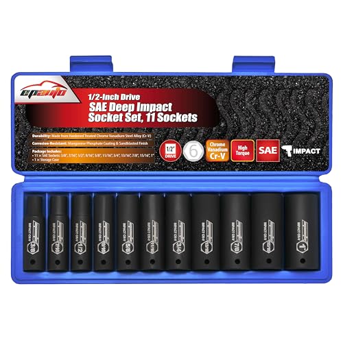EPAuto 1/2-Inch Drive SAE Deep Impact Socket Set, Cr-V, 6 Points, 11 Sockets - style: SAE - Deep Impact