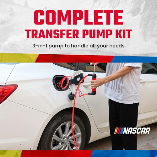 NASCAR Transfer Pump, Multi-Use Siphon Fuel Transfer Pump Kit for Gas Oil and Liquids, Leak-Free Gasoline Portable Fluid Transfer & Air Pump Kit for Water, Tires & More, Red & Black