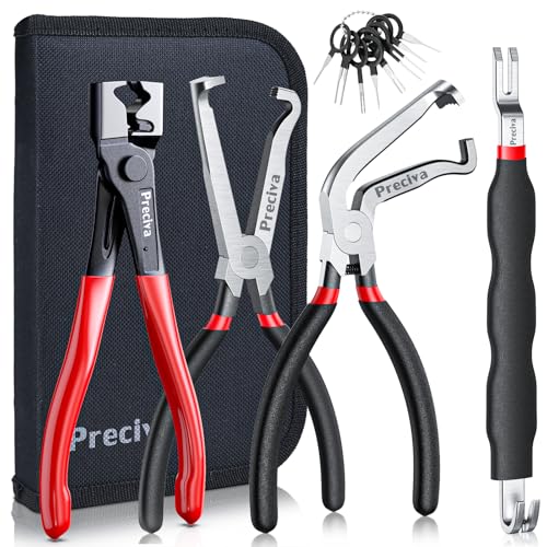 Preciva 5 Pcs Automotive Electrical Connector Disconnect Tool Kit,Wire Harness Release Pliers, Depin Tool & Hose Clamp Pliers Electric Plug Pliers for Cars, Automotive Wire Locking Push Tab - color: Black+red