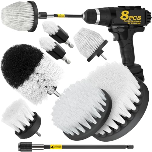 Holikme 8Pc Drill Brush Set - Scrub Brushes with Extension for Home Clean | Nylon Fibers, Power Scrubber Attachments for Tile, Tub, Shower, Floors, Kitchen and Auto Interior Care, Cleaning Tools, White - color: White