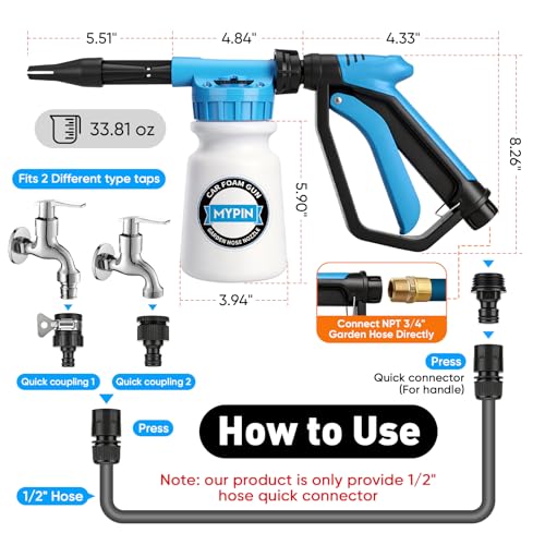 Upgraded Car Wash Foam Gun, Foam Cannon, Adjustable Hose Wash Sprayer with 2.5 to 6 Bars Foam Blaster, NEW Handle, Wash Mitten &Towel, Suitable for Car Cleaning & Garden Use with 1/2” Quick Connector - style: Upgraded Handle Car Wash Foam Gun