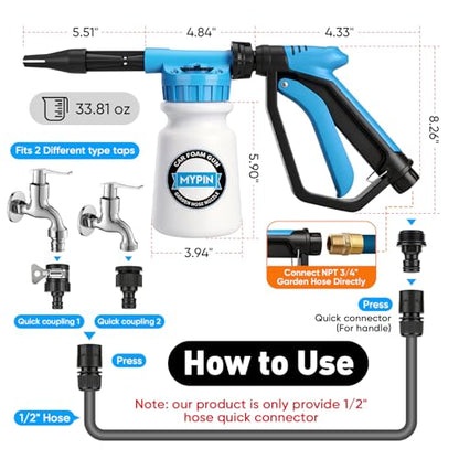 Upgraded Car Wash Foam Gun, Foam Cannon, Adjustable Hose Wash Sprayer with 2.5 to 6 Bars Foam Blaster, NEW Handle, Wash Mitten &Towel, Suitable for Car Cleaning & Garden Use with 1/2” Quick Connector - style: Upgraded Handle Car Wash Foam Gun