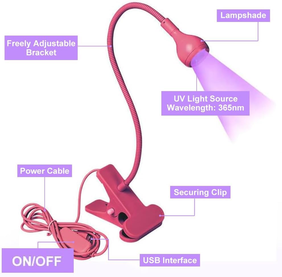 UV LED Lamp, 3W Portable Clamp Desk Lamp for Gel Nails, Mobile Repair, Rose - color: Rose