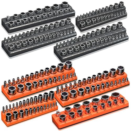 Magnetic Socket Organizer Holder Set – 8-Piece Tool Organizers Including 1/4", 3/8" and 1/2" Drive Socket Holder Metric & SAE 207 Pieces Socket Trays (Sockets are not Included)