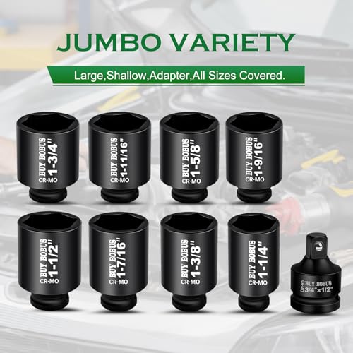 1/2" Drive Impact Socket Set, 9-Piece Standard SAE Deep Axle Nut Sockets, 6-Point, Cr-Mo,1-1/4，1-3/8，1-7/16，1-1/2，1-9/16，1-5/8，1-11/16，1-3/4, Impact Socket Adapter (3/4" x 1/2") - size: 9 Piece 1/2" SAE Impact Socket Set