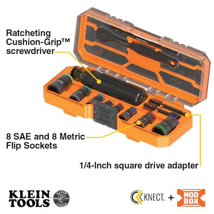 Klein Tools 65242 KNECT Impact Socket Set, Ratcheting Screwdriver Set, 1/4-Inch Drive, 4 SAE and 4 Metric Flip Sockets, 16 Hex Sizes, Adapters, MODbox Case - size: 16-in-1 KNECT