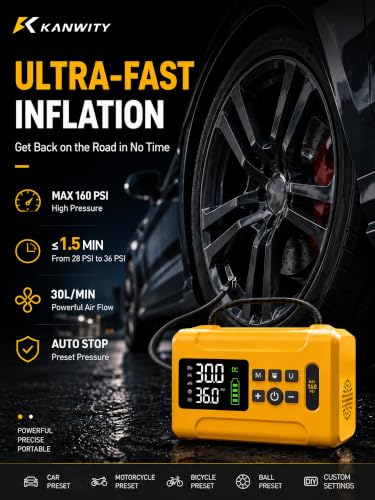 Tire Inflator Portable Air Compressor 160 PSI Air Pump for Car Tires 8000 mAh & 12V DC Powered Fast 30L/min, Digital Tire Pressure Gauge, LED Lights, 5 Modes Auto Shut-off (Yellow, 8000 mAh)