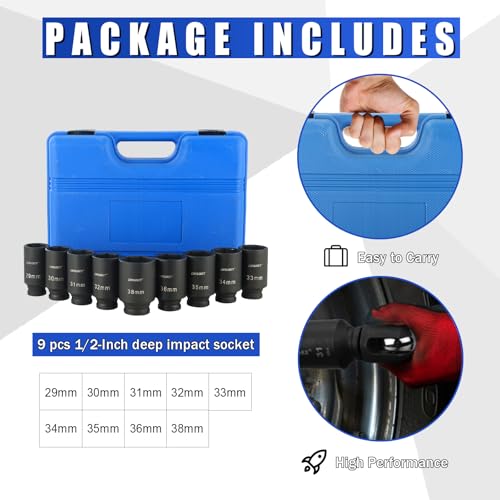 DASBET 1/2" Drive Deep Impact Socket Set | 9PCS 6 Point Metric 29-38mm Drive Spindle Axle Hub Nut Socket Set with Size Markings and Storage Case