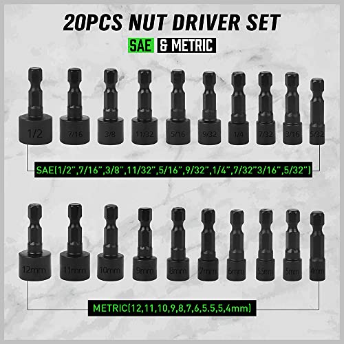 SWANLAKE 20PCS Power Nut Driver Set for Impact Drill, 1/4” Hex Head Drill Bit Set SAE and Metric - style: 20PCS Standard Version