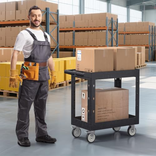 Large Garage Plastic Utility Cart, Heavy Duty 2 Shelf Tool Cart Service Cart Rolling Push Carts with Ergonomic Handle 5" Swivel Casters. - color: Black, size: 34 x 17 Inch