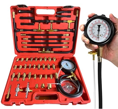 Pro Fuel Injection Pressure Tester Kit, 0-140 PSI Fuel Injector Pressure Tester Tool Kit with 9.49,7.89,6.30 Fuel Line Fittings, Gauge, Quick Coupling for Car Truck Motorcycle Engine Leak Down