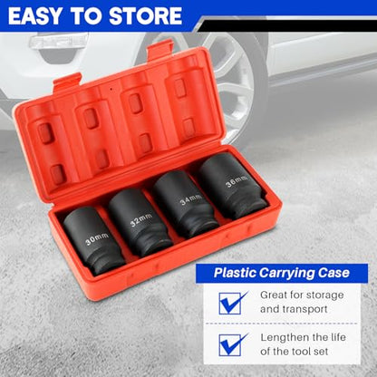 DASBET 1/2" Drive Deep Impact Socket Set 4PCS | Heavy Duty Drive Deep Spindle Axle Nut Impact Socket Set 12 Point, Metric 30mm, 32mm, 34mm, 36mm