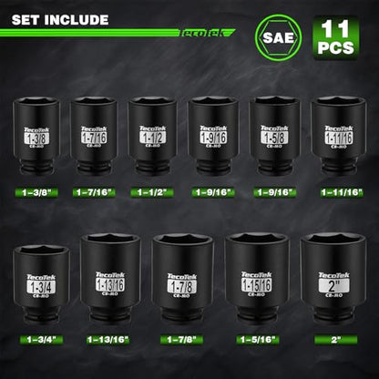 TecoTek 1/2" Drive Deep 6-Point Impact Socket Set, 11-Piece Standard SAE Spindle Axle Nut Impact Socket Set, Cr-Mo, 1-3/8-Inch to 2-Inch Size - size: 1-3/8-Inch to 2-Inch (11 pieces)