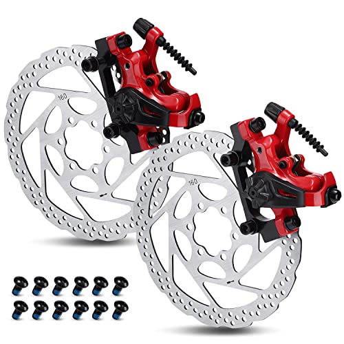 TOBWOLF 1 Pair Mechanical Disc Brake Kit, MTB Front & Rear Disc Brake Caliper with 160mm Rotor, Dual Piston Mechanical Disc Brake Set, Bicycle Accessories for Mountain Bike, Road Bike, BMX - Red - color: Mechanical Disc Brake Set - Dual Piston （Red）