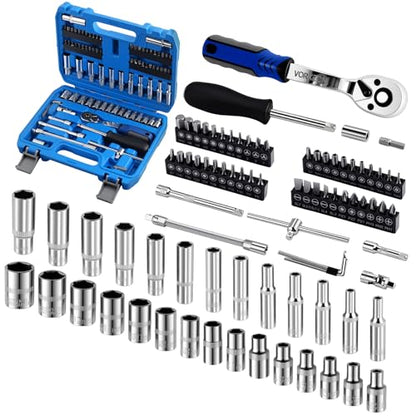 82-Piece 1/4" Drive Sockets with 72-Tooth Ratchet Wrench Set, Metric Shallow and Deep Sockets 4-14mm, 44 Bits, Flex Extension, Universal Joint, Storage Case - size: 82-PCS 1/4" Socket Ratchet Wrench Set