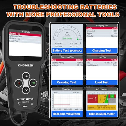 KINGBOLEN BM520 6V 12V 24V Car Battery Tester, 100-2000 CCA Automotive Load Tester Accurate Digital Auto Battery Analyzer Cranking and Charging System Tester for Cars Trucks SUV Motorcycle | Battery Load Tester Accurate Digital Auto Battery Analyzer Crank