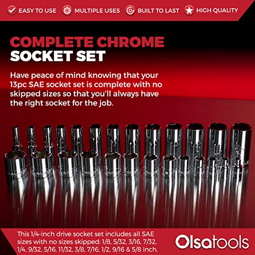 Olsa Tools SAE Shallow Socket Set - 1/4-Inch Drive, 13pc - 6-Point Chrome Sockets 1/8" to 5/8" and No Skipped Sizes - Mechanic Shallow SAE Socket Set - Professional Grade Short Sockets - Part: 1330 - color: Sae Shallow, size: 13pc, 1/4-Inch Drive