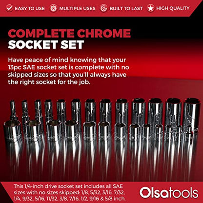 Olsa Tools SAE Shallow Socket Set - 1/4-Inch Drive, 13pc - 6-Point Chrome Sockets 1/8" to 5/8" and No Skipped Sizes - Mechanic Shallow SAE Socket Set - Professional Grade Short Sockets - Part: 1330 - color: Sae Shallow, size: 13pc, 1/4-Inch Drive