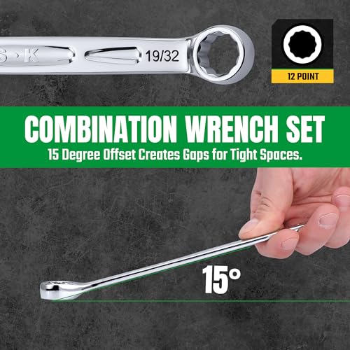 SK Combination Wrench Set, SAE 5/16" to 3/4", 11-Piece, SuperKrome Finish, Premium CR-V Construction, with Rolling Pouch - size: SAE