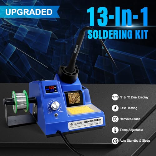 TOAUTO DS90 Soldering Station-°F & °C Dual Digital Display Soldering Iron Station Kit,90W Soldering Iron,302℉- 842℉ Temperature, Anti-Static & Grounding Wire, Auto Standby & Sleep,5 Solder Tips, Blue