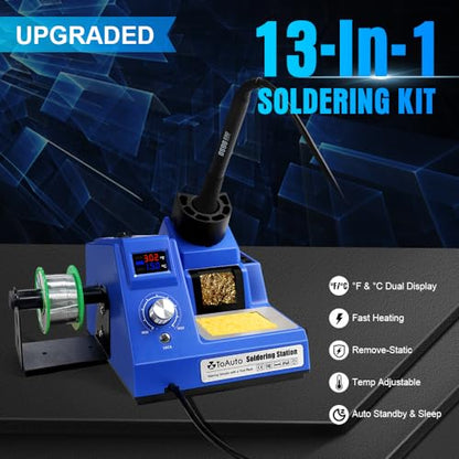 TOAUTO DS90 Soldering Station-°F & °C Dual Digital Display Soldering Iron Station Kit,90W Soldering Iron,302℉- 842℉ Temperature, Anti-Static & Grounding Wire, Auto Standby & Sleep,5 Solder Tips, Blue