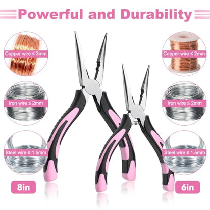 2pcs 6’’& 8’’ Needle Nose Pliers,Large Soft Grip with Wire Cutter | Pink,Paper Clamp Precision, Heavy-Duty CRV Steel, Long Nose Cutting Pliers for Home, Fishing, Jewelry, Crafts