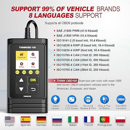 THINKCAR OBD2 Car Scanner, THINKOBD100 Check Engine Fault Code Reader with Full OBD II Functions, O2 Sensor, CAN Diagnostic Scan Tool for All Cars Since 1996 - size: OBD100