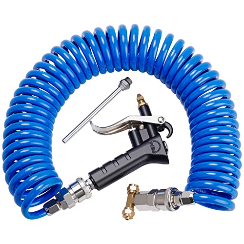 Heavy Duty Truck Air Duster Blow Gun Cleaning with 9 Meter Long Coil and 2 interchangeable nozzle tips- Blue Air Seat Blow Gun Kit - color: Blue