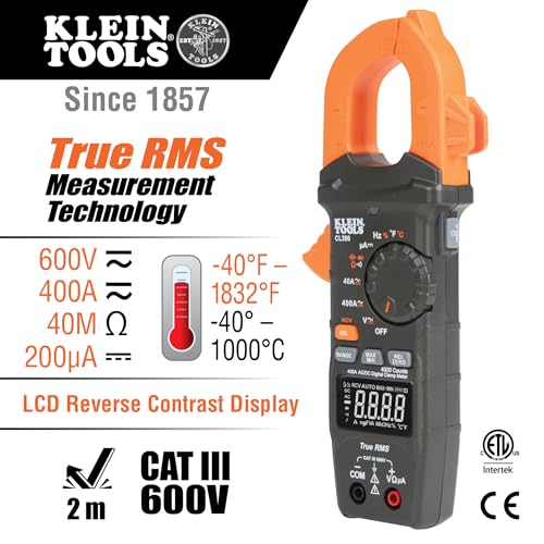 Klein Tools CL390 AC/DC Digital Clamp Meter, Auto-Ranging, 400 Amp, NCVT Tester, Hi-Viz LCD Display, TRMS, Continuity Resistance, Temperature and More - size: Standard Display