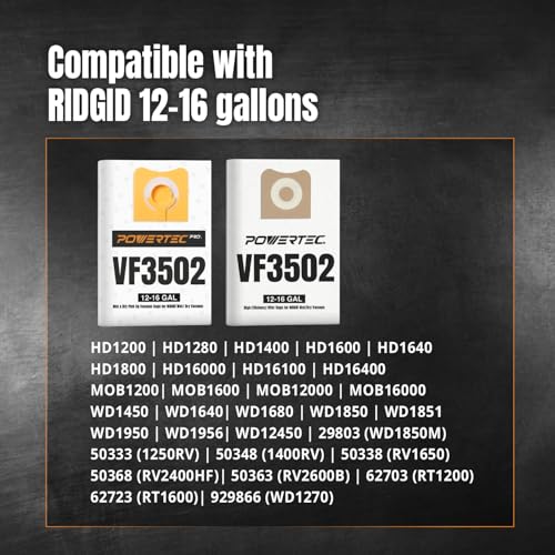 POWERTEC 23743 VF3502 + VF3702 Size A Shop Vac Bags Set for Ridgid 4 Pack for Wet + Dry Pickup, 12-16 Gal. Water Resistant & Dry Debris Dust Bags Set (2 of each) for Ridgid HD1200, HD1400 Wet Dry Vac - size: VF3502 (Size A), style: Wet & Dry Use Set (4PK)
