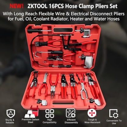 ZKTOOL 16PCS Hose Clamp Pliers Set, Professional Removal & Installation Tool Kit with Long Reach Flexible Wire & Electrical Disconnect Pliers for Fuel, Oil, Coolant Radiator, Heater and Water Hoses