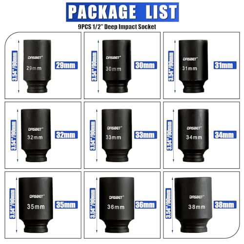 DASBET 1/2" Drive Deep Impact Socket Set | 9PCS 6 Point Metric 29-38mm Drive Spindle Axle Hub Nut Socket Set with Size Markings and Storage Case