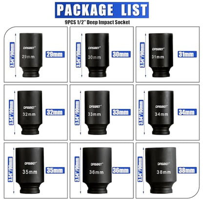 DASBET 1/2" Drive Deep Impact Socket Set | 9PCS 6 Point Metric 29-38mm Drive Spindle Axle Hub Nut Socket Set with Size Markings and Storage Case