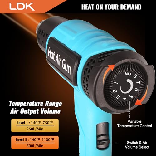 LDK Heat Gun, 140°F~1100°F Variable Temperature Control Heating Gun, 1.5s Fast Heating Heavy Duty Hot Air Gun Kit with 4 Nozzles for Crafting Shrink Tubing Vinyl Wrap - color: Blue 2000w