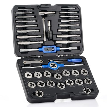 OMT SAE Tap and Die Set, Thread Repair and Cutting Kit with Wrenches | #4 6 8 10 12 1/4 5/16 3/8 7/16 1/2" for Internal & External Threads, GCr15 Bearing Steel, Mechanics Machinists Garage & Shop - size: 40 pc SAE
