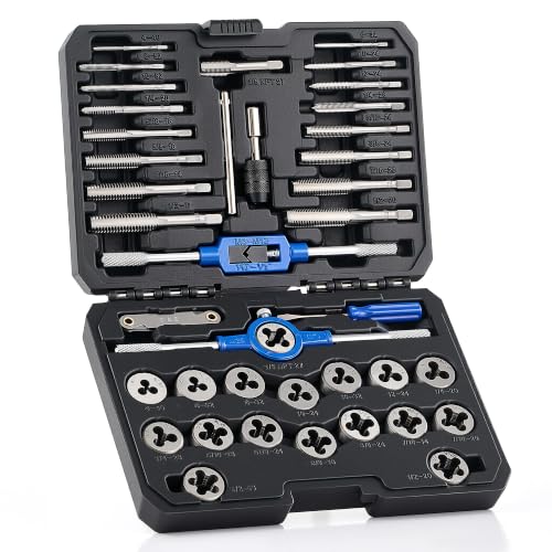 OMT SAE Tap and Die Set, Thread Repair and Cutting Kit with Wrenches | #4 6 8 10 12 1/4 5/16 3/8 7/16 1/2" for Internal & External Threads, GCr15 Bearing Steel, Mechanics Machinists Garage & Shop - size: 40 pc SAE