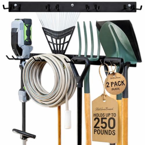 StoreYourBoard 72" Garage Tool Organizer Wall Mount | Garden Tool Organizer System | Heavy Duty Garden Tool Storage Rack for Yard Tools Rakes Shovels 500lbs Garage Organization | 8 PVC Coated Hooks - color: BLACK, size: 72" Heavy Duty Steel Rack | 8 Hooks